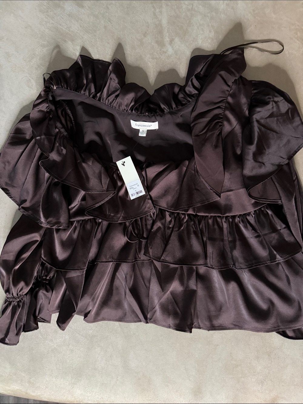 Francesca's Collections Chocolate Brown Satin Ruffle Blouse